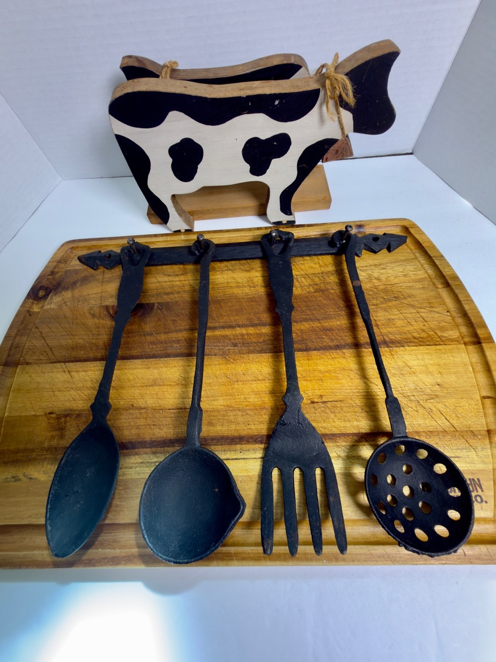 Hand-Forged Black Iron Kitchen Utensil Set with Wall Rack - Home Dining
